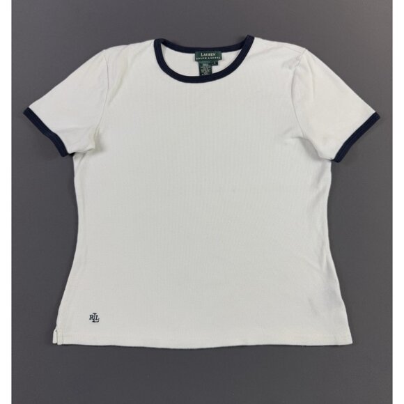 Rare Vintage 90s Y2K Lauren Ralph Lauren White Ringer Shirt Large Womens Tee - Picture 1 of 7